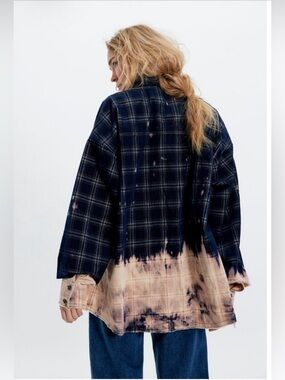Free People & THE TALES mixed denim flannel button down top. Distressed flannel